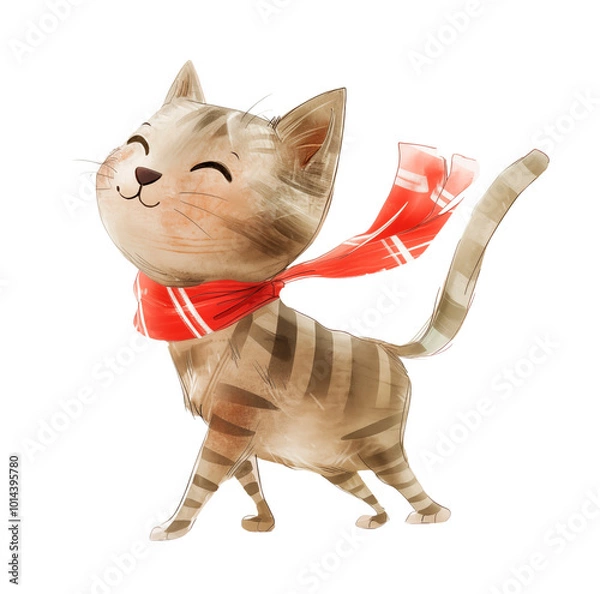 Fototapeta Illustration of a cute cat with a red scarf for the design