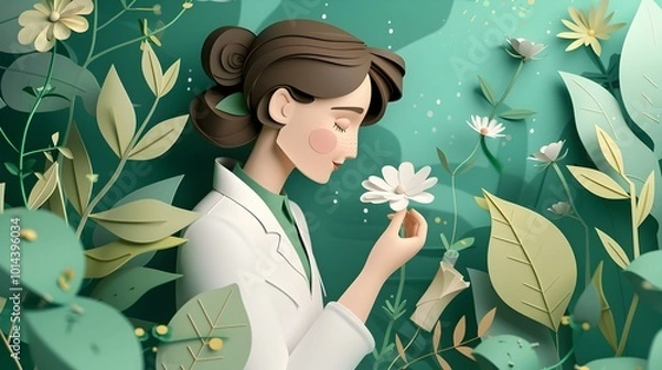 Obraz Delicate Paper Cut Portrait of a Thoughtful Doctor Examining a Serene Paper Flower