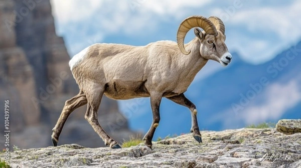 Fototapeta A bighorn sheep walking along rocky terrain with mountains in the background.