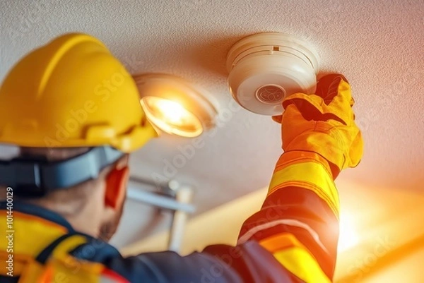 Fototapeta Worker installing smoke detector on ceiling