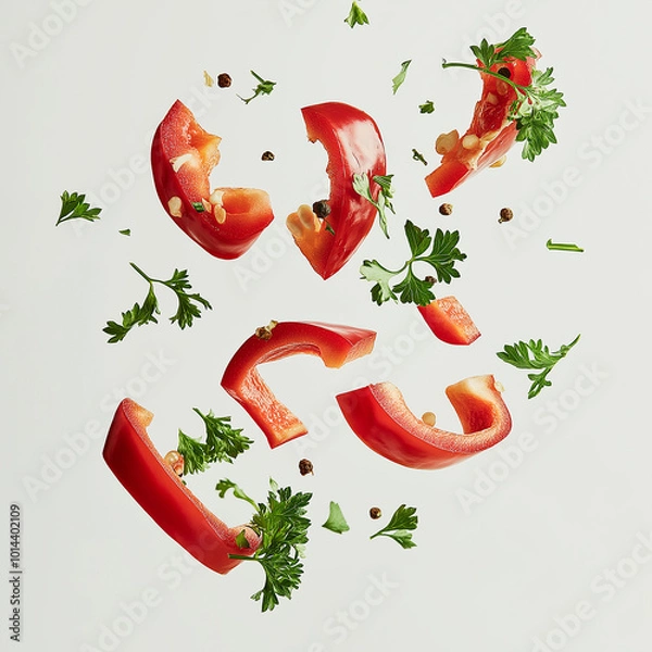 Fototapeta Many red peppers and parsleys are flying around On a white background
