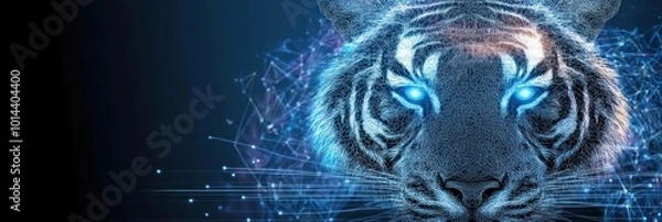 Fototapeta A digital illustration of a tiger's head with glowing blue eyes and abstract technology elements.