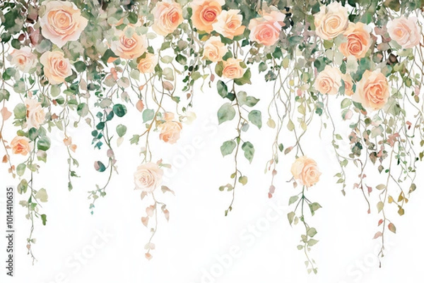 Fototapeta Delicate watercolor flowers with soft peach roses and green vines create an elegant floral border against a white background.