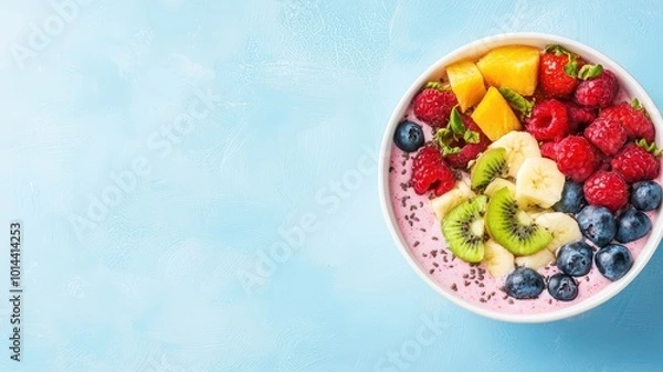 Fototapeta A vibrant bowl of yogurt topped with fresh fruits including raspberries, blueberries, mango, and kiwi, on a soft blue background.