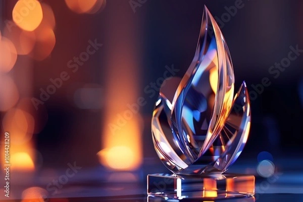 Fototapeta A close-up of a crystal award shaped like a flame, representing recognition for exceptional performance, with subtle reflections of office lights.
