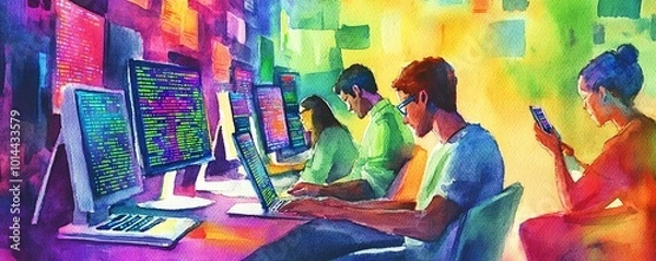 Obraz Watercolor of software engineers coding in a vibrant, colorful environment, symbolizing creativity in tech, software engineers, watercolor, innovative technology