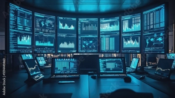 Obraz A high-tech control room with multiple screens displaying real-time economic data, robotics performance, and computer information systems
