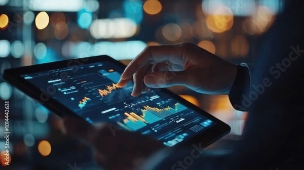 Fototapeta A businessperson analyzing economic trends on a tablet, with financial graphs and tech interfaces in the background, representing modern economics