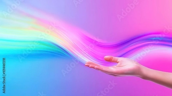 Fototapeta A hand guiding colorful waves in a vibrant, abstract background.
