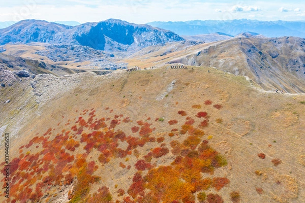 Fototapeta Hikers one behind the other in a hiking line on the ridge of a beautiful mountain during autumn with colorful vegetation - drone aerial shot