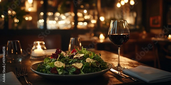 Obraz Gourmet Salad and Red Wine in Cozy Restaurant