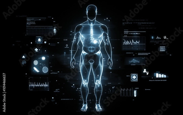 Fototapeta Digital human figure with illuminated blue lines surrounded by medical symbols.