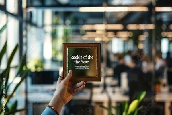 Fototapeta A person holding up a "Rookie of the Year" plaque with pride, with a background of a busy, modern office.