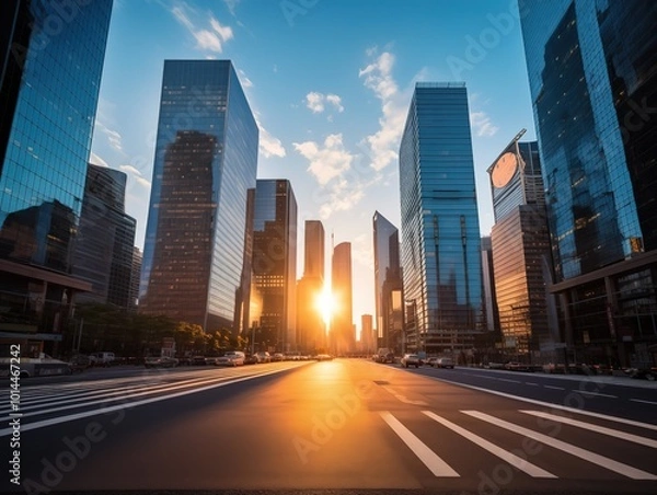 Fototapeta A photograph of modern skyscrapers , with the sun setting behind them, creating long shadows and highlights on their glass facades. The sky is blue with scattered clouds, adding depth 
