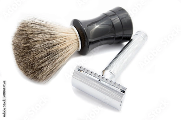 Obraz safety razor with a shaving brush on white