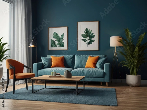 Fototapeta Modern living room interior featuring cozy, plush white sofas a wooden side table with decorative items, and minimalist decor. The space is enhanced by a large abstract painting and a soft rug