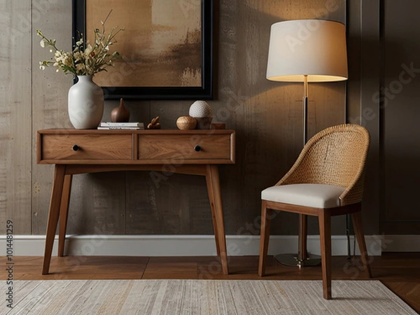 Fototapeta Modern living room interior featuring cozy, plush white sofas a wooden side table with decorative items, and minimalist decor. The space is enhanced by a large abstract painting and a soft rug