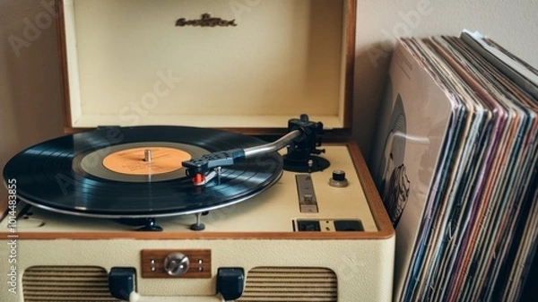 Fototapeta A vintage phonograph with a stack of vinyl records, perfect for a retro music theme. The image evokes a sense of nostalgia and classic music.