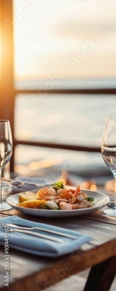 Fototapeta Business dinner featuring seafood platter close up, focus on, copy space Cool tones and soft lighting, Double exposure silhouette with oceanthemed success