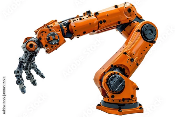 Fototapeta A robotic arm assembling parts on a white background.