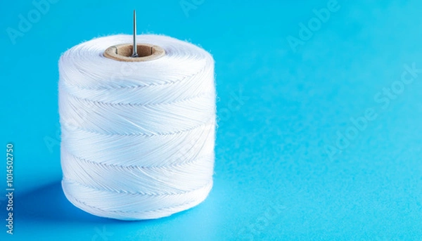 Fototapeta A close-up of a spool of white thread with a needle, set against a blue background, highlighting sewing and crafting.