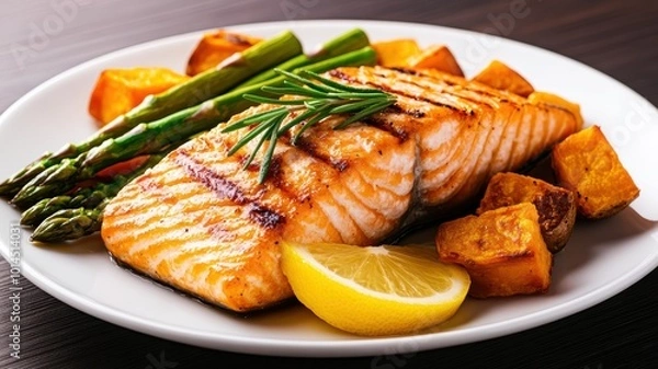 Fototapeta Grilled salmon with vegetables and lemon slice