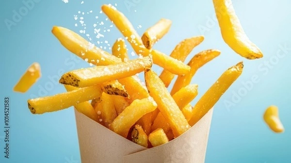 Obraz Crispy golden French fries falling from a paper cone against a vibrant blue background, showcasing their delicious texture and appealing look.