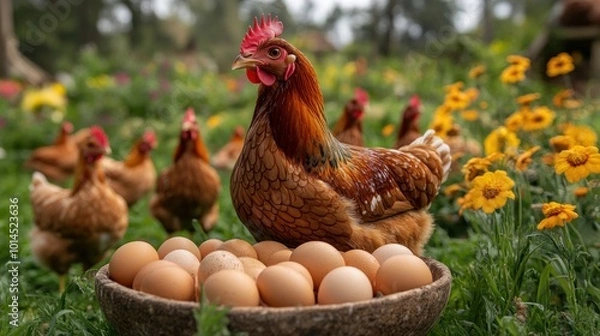 Fototapeta A brown hen stands in front of a basket of brown eggs in a grassy garden with other chickens and yellow flowers.