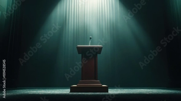 Fototapeta A Wooden Podium with a Single Microphone Under a Spotlight in a Dark Room