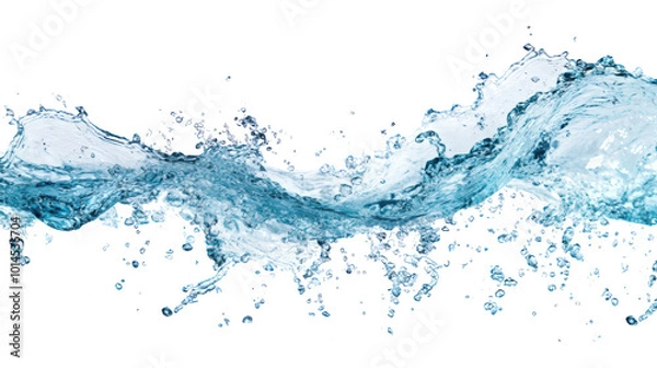 Fototapeta Dynamic Splash of Blue Water in Motion on White Background, Isolated Water Wave with Droplets, Perfect for Purity, Freshness, and Nature Concepts in Advertising
