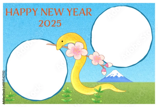 Fototapeta 巳年年賀状フォトフレーム賀詞入り手描き風