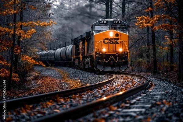 Obraz A CSX freight train moves through a misty forest during autumn. Bright yellow leaves and the vibrant train contrast against the foggy, muted background, creating a dynamic and atmospheric scene