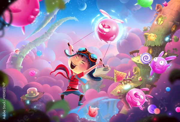 Fototapeta Creative Illustration and Innovative Art: A Naughty Kid's Fantastic Happy World and WonderLand! Realistic Fantastic Cartoon Style Artwork Scene, Wallpaper, Story Background, Card Design