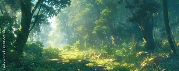 Fototapeta Sunlight filtering through dense foliage, casting dappled shadows on overgrown paths that once echoed with laughter, 4K hyperrealistic photo