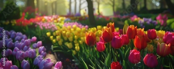 Fototapeta Garden with rows of colorful tulips in spring, 4K hyperrealistic photo,
