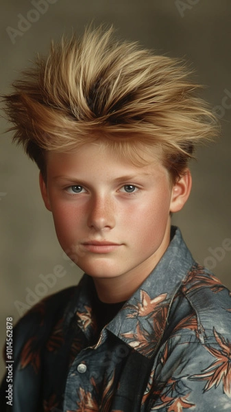 Fototapeta A high school teenage boy posing for a yearbook headshot, featuring a humorous 1980s hairstyle, looking directly at the camera with a retro vibe.
