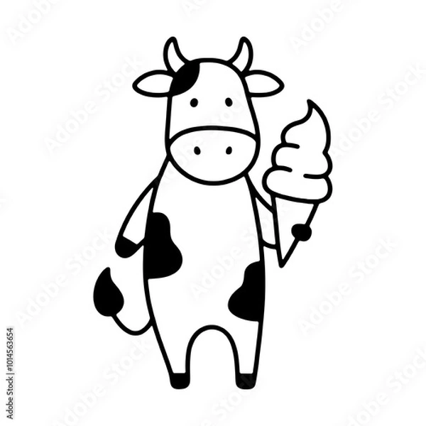 Obraz ソフトクリームを持った白黒牛のキャラクターのシンプルな線画イラスト　透過背景の切り抜き