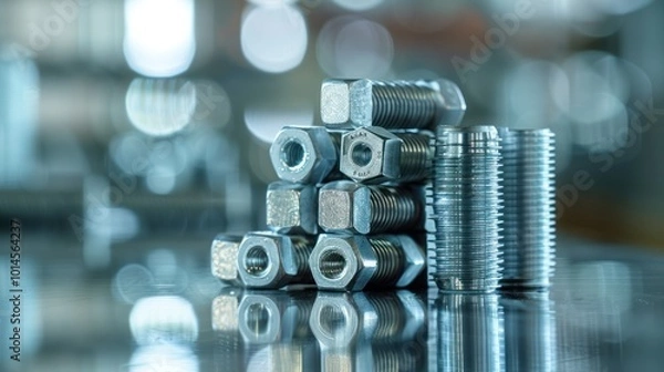Fototapeta Close-up of Metal Bolts and Nuts on a Reflective Surface