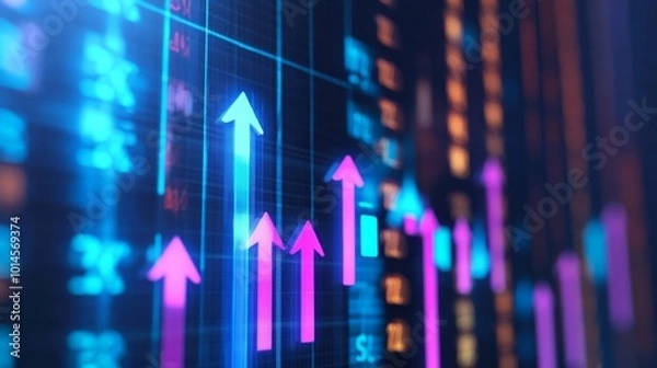 Obraz A vibrant digital graph displaying upward trends with colorful arrows, representing growth in data metrics or stock performance.