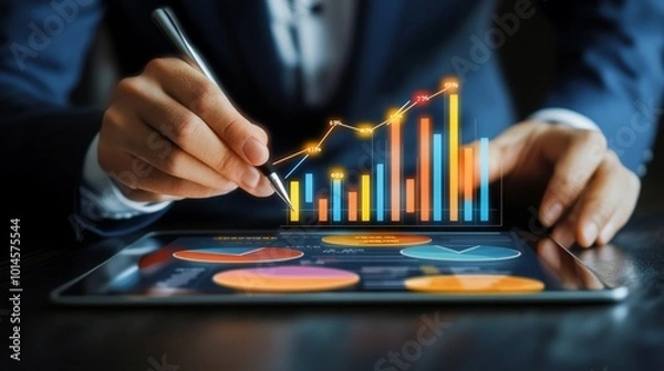 Fototapeta Businessman with a tablet displaying financial growth graphs, pie charts, and bar charts to highlight rising market share.