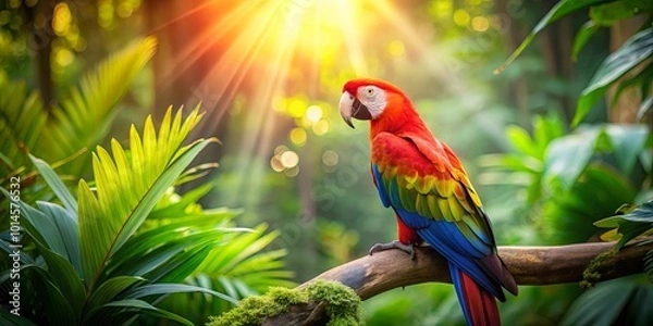 Fototapeta A vibrant scarlet macaw perches on a moss-covered branch, bathed in the warm glow of the sun filtering through a verdant canopy.