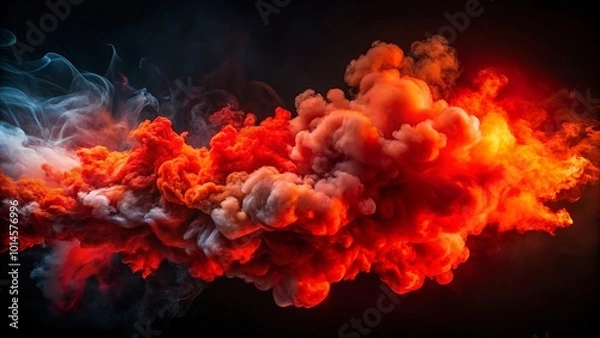 Fototapeta A fiery, abstract smoke plume, with vibrant orange and red hues, dances across the black canvas, leaving a trail of swirling, wispy trails in its wake.