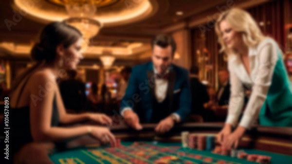 Fototapeta Blurred casino table with players, chips, and vibrant lighting, perfect for background use in gambling-related content or atmosphere creation
