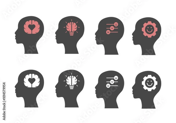 Fototapeta Set of icons of human head silhouettes with emotional intellect icons pink coloured and cut out.