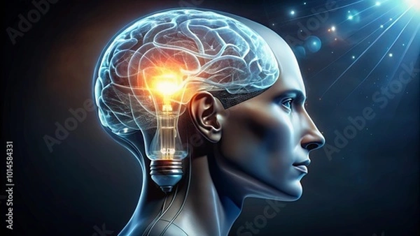 Fototapeta A Humanoid Figure With a Light Bulb in Place of the Brain, Representing the Glow of Innovation and Thought