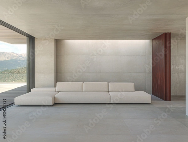Fototapeta Modern minimalist living room with panoramic views of the mountains in bright daylight