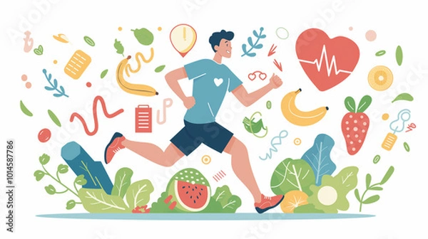 Fototapeta Flat vector illustration of a man running with healthy lifestyle icons such as gym, fruits and vegetables around him on a white background