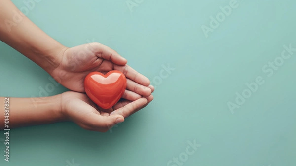 Fototapeta A pair of hands holding and giving heart to another person, with copy space on light blue background for health care day concept. 