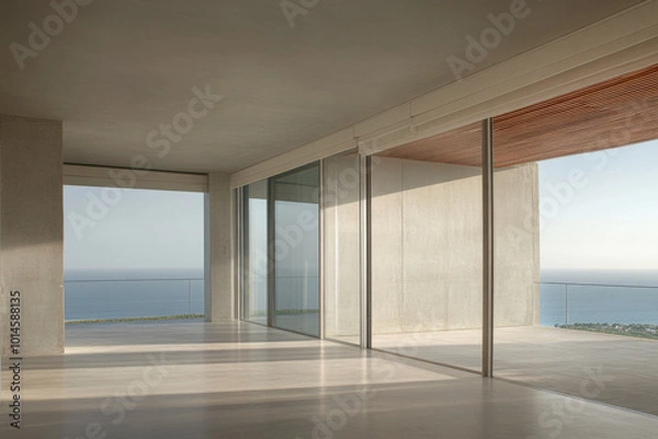 Fototapeta Modern interior design with expansive views of the ocean in a minimalist space at sunrise
