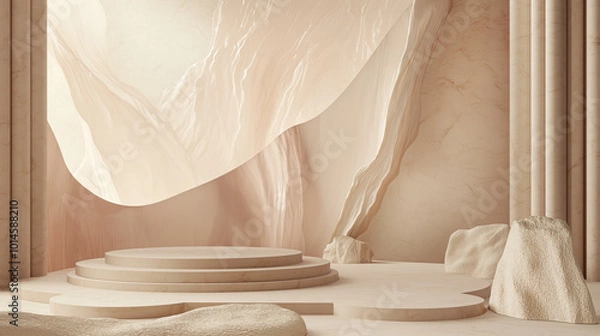 Fototapeta Minimalist stage design with an empty white box and beige paper background, featuring a large mountain of light-colored textured fabric as the main element. 